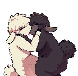 anthro biped black_body black_fur black_wool blush bodily_fluids bow_tie butt dripping duo eye_scar eyes_closed facial_scar fingers french_kissing fur hand_on_cheek hand_on_shoulder hooved_fingers hooves horn intimate kissing male male/male nude nude_anthro nude_male saliva saliva_drip scar simple_background standing tail white_background white_body white_fur white_wool wool_(fur) astonarts nil_(astonarts) null_(astonarts) bovid caprine mammal sheep 2026 cel_shading digital_drawing_(artwork) digital_media_(artwork) hi_res shaded