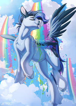 blue_body blue_fur blue_hair blue_tail cloud feral fur hair majestic male rainbow rainbow_water solo tail wings dripponi hasbro my_little_pony mythology soaring_spirit_(nodamnbreaks) equid equine mammal mythological_creature mythological_equine pegasus 2026 hi_res
