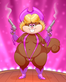 anthro blonde_hair boots brown_body brown_eyes brown_fur buckteeth camel_toe clothing cowboy_boots cowboy_gloves cowboy_hat cowgirl_boots eyeshadow female footwear fur gloves gun hair half-closed_eyes handwear hat headgear headwear looking_at_viewer makeup narrowed_eyes navel one-piece_swimsuit overweight overweight_anthro overweight_female pink_eyeshadow pink_nose ranged_weapon shoes sling_bikini solo stage stage_lights swimwear teeth weapon lonbluewolf nickelodeon spongebob_squarepants ma_cheeks eastern_grey_squirrel grey_squirrel mammal rodent sciurid tree_squirrel 2026 4:5 hi_res