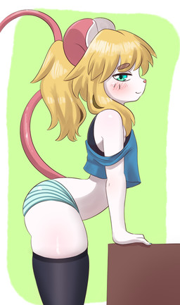ambiguous_gender anthro bent_over big_butt black_clothing black_legwear black_shirt black_stockings black_tank_top black_topwear blonde_hair blue_clothing blue_crop_top blue_eyes blue_shirt blue_topwear blush border butt clothing crop_top fur green_background green_clothing green_underwear hair legwear looking_at_viewer pattern_clothing pattern_underwear pink_body pink_inner_ear pink_nose ponytail pupils shirt side_view simple_background smile solo stockings striped_clothing striped_underwear stripes tank_top thick_thighs thigh_highs topwear underwear white_body white_border white_fur mr-shin marvin_(mr-shin) mammal mouse murid murine rodent 2025 hi_res male_(lore)