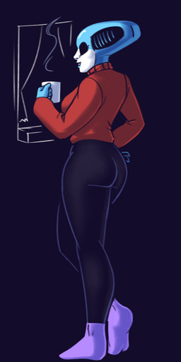bottomwear breasts butt clothing container cup female footwear larger_female machine mug pants size_difference socks solo sweater text topwear turtleneck window winter yoga_pants dracozhilla deltarune patreon undertale_(series) queen_(deltarune) humanoid robot 6:13 absurd_res hi_res url