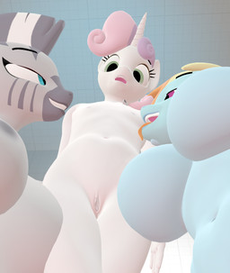 adult_on_young age_difference anthro eye_contact female female/female genitals group licking_body looking_at_another smile tongue trio vulva young young_female valenzrsa friendship_is_magic hasbro my_little_pony rainbow_dash_(mlp) sweetie_belle_(mlp) zecora_(mlp) equid equine horse mammal pony zebra hi_res