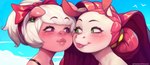 2018 accessory anthro blonde_hair blush bow_(feature) bow_accessory bow_ribbon button_ears centered_hair_bow cloud comic cyancapsule digital_media_(artwork) digital_painting_(artwork) domestic_pig duo ear_piercing emelie_(cyancapsule) equid equine eye_contact female femboy floppy_ears green_eyes hair hair_accessory hair_bow hair_ribbon hairband hi_res horse long_hair looking_at_another male male/female mammal nila_(cyancapsule) outside piercing purple_eyes red_hair ribbons short_hair sky smile suid suina sus_(pig)