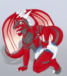 anthro biped black_body black_skin clean_diaper clothed clothing diaper furgonomics green_eyes horn kneeling membrane_(anatomy) membranous_wings red_body red_skin solo tail teeth tongue tongue_out wearing_diaper wings imply mythology dragon mythological_creature mythological_scalie scalie 2019 hi_res