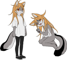 anthro black_clothing black_footwear black_leggings black_legwear black_nose black_pawpads black_shoes black_striped_fur blonde_ears blonde_hair clothing female footwear grey_body hair kemono leggings legwear lying nude pawpads red_eyes shirt shoes solo standing t-shirt tasteful_nudity topwear white_clothing white_shirt white_t-shirt white_topwear young gyo_bok canid canine fox grey_fox mammal urocyon hi_res multiple_images