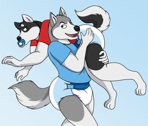 4_toes 5_fingers ageplay anthro black_body black_fur carrying_another clean_diaper clothed clothing diaper duo feet fingers fur grey_body grey_fur infantilism lifting male male/male muscular object_in_mouth open_mouth pacifier pacifier_in_mouth pantsless partially_clothed roleplay shirt shoulder_carry simple_background size_difference smile toes tongue topwear wearing_diaper barn_(artist) damien_(barn) leo_(barn) canid canine canis domestic_dog husky mammal nordic_sled_dog spitz better_version_at_source digital_media_(artwork)