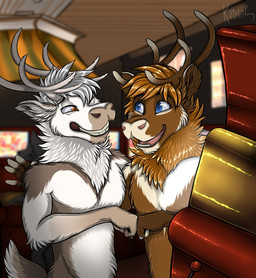 anthro arm_tuft blue_eyes brown_body brown_fur brown_hair chest_tuft duo elbow_tuft eye_contact fur glistening glistening_eyes grey_body grey_fur grin hair inside looking_at_another male male_anthro one_eye_closed open_mouth open_smile orange_eyes short_hair smile tuft white_body white_fur white_hair kodaac deer mammal hi_res
