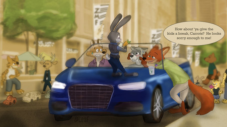 accessory anthro beverage black_nose carrot clothed clothing coffee coffee_cup container countershading cup detailed_background female fluffy fluffy_tail food green_eyes group horn male medium_truck necktie outside pawpsicle pink_nose plant popsicle purple_eyes tail text truck urban van vegetable vehicle leafdubois audi closet_coon disney starbucks volkswagen_group zootopia aiden_harris colin_young judy_hopps nick_wilde bear canid canine canis cheetah deer felid feline fox lagomorph leporid mammal mouse murid murine pantherine procyonid rabbit raccoon red_fox rodent sciurid tiger tree_squirrel true_fox wolf 16:9 digital_media_(artwork) english_text hi_res widescreen