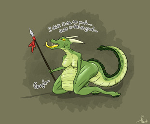 abdominal_bulge anthro belly breasts digestion digestion_noises female female_pred fully_inside melee_weapon polearm rumbling_stomach scales solo spear text tongue vore weapon undifinder lizard reptile scalie hi_res