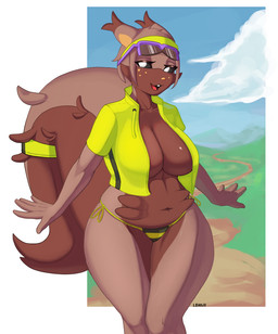 accessory anthro anthrofied bedroom_eyes big_breasts biped black_sclera breasts brown_body brown_fur cartoon_freckles clothed clothing cloud cropped_jacket day eyelashes eyewear facial_tuft female fingers freckled_face freckles front_view fur grass green_clothing green_jacket green_topwear headband holowear_(pokemon) humanoid_hands jacket long_eyelashes looking_at_viewer narrowed_eyes navel open_clothing open_jacket open_mouth open_topwear outside panties plant pokemorph seductive skimpy sky slightly_chubby slightly_chubby_anthro slightly_chubby_female small_waist solo standing sunglasses text thick_thighs topwear tuft underwear white_eyes wide_hips vinael nintendo pokemon pokemon_unite training_style_greedent generation_8_pokemon greedent pokemon_(species) 2023 artist_name colored portrait three-quarter_portrait