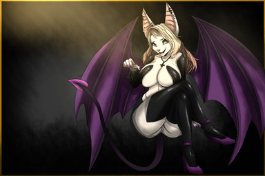 anthro arm_warmers armwear bat_ears bat_wings biped black_latex claws clothing costume crossed_legs female female_anthro footwear genitals happy high_heels holidays latex long_nails looking_at_viewer membrane_(anatomy) membranous_wings piercing presenting presenting_vulva shoes sitting smile solo spade_tail suggestive tail teasing vulva wings snowiefeather halloween bat demon mammal succubus 3:2