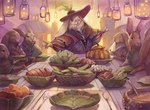 anthro artichoke biped clothing cutlery extended_arms feathers firefly_lamp food fork fruit furniture group hat headgear headwear kitchen_utensils lamp napkin plant plate pumpkin spoon table tools julie_dillon hasbro magic:_the_gathering wizards_of_the_coast ambient_arthropod ambient_firefly ambient_insect arthropod beetle elateroid firefly insect lagomorph leporid mammal rabbit 2024 official_art