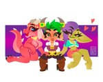 clothed clothing ear_piercing ear_ring female fully_clothed green_body green_eyes green_hair green_skin group hair horn piercing pink_body purple_hair ring_piercing tail trio kesael gnome gnome_(warcraft) goblin humanoid kobold scalie 5:4 absurd_res hi_res