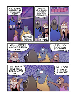 5_panel_comic angry anthro blush bookstore bottomwear brown_body brown_fur clothed clothing dialogue door embarrassed eye_contact facial_horn footwear frown fur gesture grey_body group hand_behind_head hand_gesture horn laugh looking_at_another male mocking nose_horn pants pointing pointing_at_another profanity shirt shoes size_difference smile smiling_at_another speech_bubble tank_top text topwear window t0l0k bert_(t0l0k) earl_(t0l0k) hector_(t0l0k) izzy_(t0l0k) haplorhine mammal monkey pilosan primate rhinoceros sengi sloth xenarthran comic english_text hi_res multiple_scenes