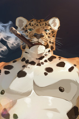 anthro black_nipples black_nose cigar fur green_eyes male markings nipples orange_body orange_fur shirtless smoking solo spots spotted_body spotted_fur tan_body tan_fur itymnro felid leopard mammal pantherine 2021 colored hi_res signature