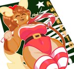 anthro belt belt_buckle big_tail blonde_hair bodysuit bow_ribbon breasts brown_body brown_fur brown_hair buckle candy candy_cane christmas_clothing clothing curvy_female curvy_figure dessert eyes_closed female food fur hair happy headgear holding_object holding_weapon holidays legwear navel open_mouth paws perspective red_clothing simple_background skinsuit solo tail text thick_thighs thigh_highs tight_clothing topwear weapon wide_hips yellow_ears artxol christmas nintendo pokemon amaretto_(artxol) alolan_form alolan_raichu generation_1_pokemon generation_7_pokemon pokemon_(species) raichu regional_form_(pokemon) absurd_res hi_res