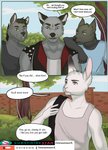 anthro canid canine canis clothed clothing comic dialogue ear_piercing english_text fjollettigeren group lagomorph leporid male mammal piercing profanity rabbit richirichi text wolf