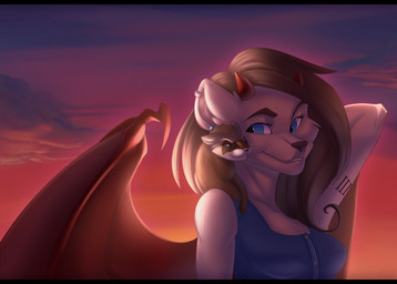anthro black_bars blue_eyes breasts brown_hair clothed clothing duo ear_piercing eyebrows eyelashes female feral fur hair horn membrane_(anatomy) membranous_wings outside piercing sky smile standing sunset white_body white_fur wings tlt_echelon domestic_ferret felid hybrid mammal mustelid musteline true_musteline weasel 2016 digital_media_(artwork) hi_res letterbox