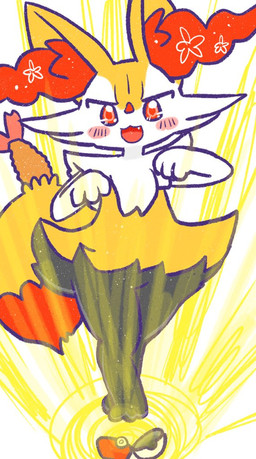 ambiguous_anthro ambiguous_gender anthro biped blush blush_stickers cute_fangs digitigrade dipstick_tail fangs featureless_crotch food front_view looking_at_viewer markings midair object_in_tail open_:3 open_mouth open_smile pokeball shrimp_(food) simple_background smile solo tail tail_markings teeth annyui0611 nintendo pokemon braixen canid generation_6_pokemon mammal pokemon_(species) 2023 digital_drawing_(artwork) digital_media_(artwork) full-length_portrait japanese_description portrait translated_description