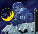 barefoot bed blue_body blue_feathers blue_hair blush clothed clothing cutie_mark dessert duo eating feathered_wings feathers feet female feral food furniture glowing hair horn levitation magic moon_pie night pastry pie square_crossover star text wings uotapo equestria_girls friendship_is_magic hasbro my_little_pony mythology princess_luna_(eg) princess_luna_(mlp) equid equine human mammal mythological_creature mythological_equine winged_unicorn 2016 english_text