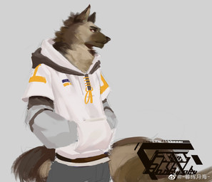 anthro brown_body brown_fur brown_nose clothed clothing fur glistening glistening_eyes grey_background hoodie logo looking_at_viewer male male_anthro mouth_closed neck_tuft red_eyes simple_background solo standing tan_body tan_fur topwear tuft weibo_logo white_clothing white_hoodie white_topwear awaldkize weibo canid canine mammal artist_logo