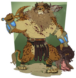 4_ears 4_horns anthro armor belt biped blood_on_chest brown_body brown_fur bulge claws clothing digitigrade eye_patch eyewear fangs footwear fur gauntlets gloves gore greatsword handwear holding_melee_weapon holding_object holding_sword holding_weapon horn male mane markings melee_weapon multi_ear multi_horn multicolored_body multicolored_fur muscular muscular_anthro muscular_male orange_eyes paws sandals severed_body_part severed_head shoes solo spots spotted_body spotted_fur sword sword_on_shoulder tail tail_tuft tan_body tan_fur tan_mane teeth toe_claws tuft warrior weapon roly guild_wars charr felid mammal 2026 digital_media_(artwork) hi_res