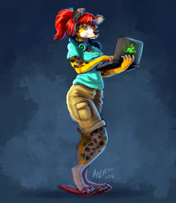 anthro clothed clothing computer electronics female flip_flops footwear fully_clothed gamer_girl gaming headphones heelpop laptop loose_footwear paws playing_video_game razer_logo sandals shoes solo panthera_arven lexi_decker australian_shepherd canid canine canis domestic_dog herding_dog mammal pastoral_dog sheepdog absurd_res hi_res