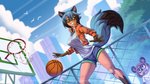 anthro athletic_wear ball basketball_(ball) basketball_hoop black_hair black_nose blue_body blue_fur blue_hair bottomwear breasts brown_body brown_fur clothed clothing duo facial_markings female fence fur gym_bottomwear gym_shorts hair head_markings jacket looking_aside markings mask_(marking) multicolored_hair shorts smile solo_focus topwear alanscampos brand_new_animal studio_trigger jackie_(brand_new_animal) michiru_kagemori canid canine mammal raccoon_dog tanuki 2021 digital_media_(artwork) hi_res