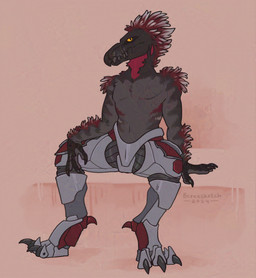 3_fingers 3_toes anthro arm_feathers arm_tuft armor avian_caruncle beak claws clothed clothing digitigrade feather_hair feathered_crest feathers feet finger_claws fingers greaves grey_body grey_scales head_crest highlights_(coloring) looking_at_viewer male pseudo_hair pupils red_body red_feathers scales scuted_hands scutes sharp_teeth shoulder_tuft sitting slit_pupils solo spread_legs spreading spurs_(anatomy) teeth toe_claws toes topless tuft white_highlights yellow_eyes berensketch halo_(series) microsoft xbox_game_studios fan_character nor_zauth alien avian kig-yar scalie t'vaoan 2024 hi_res