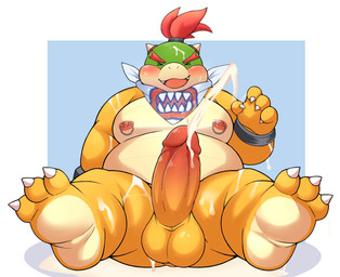 3_toes 4_fingers after_masturbation anthro belly blush bodily_fluids claws cum ejaculation eyes_closed feet fingers genital_fluids kemono male moobs nipples overweight overweight_male simple_background sitting solo toes young 0907_kapi mario_bros nintendo bowser_jr. koopa scalie 2026 hi_res