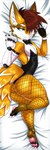 against_surface anthro bangs beckoning bed bent_leg blue_eyes body_pillow bow_tie bunny_costume butt cheek_tuft choker claws clothed clothing costume crossdressing curvy_figure dakimakura dakimakura_pillow fabric facial_tuft femboy fishnet_clothing fishnet_legwear fist fluffy fluffy_tail fur furniture fuzzy gesture hair half-closed_eyes high-angle_view inner_ear_fluff inviting inviting_viewer jewelry legwear looking_at_viewer looking_up lying male narrowed_eyes necklace on_side orange_body orange_fur pawpads pillow prosthetic prosthetic_arm prosthetic_limb robotic_arm seductive simple_background smile solo tail thick_thighs tuft white_background blackarabi durrvish mammal novabeast absurd_res dakimakura_design hi_res