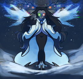 anthro antlers bottomwear buckteeth christmas_decorations christmas_lights clothing deer_ears dim_lighting female fusion gown hair heterochromatic_glasses hooves horn long_hair skirt snow solo teeth wings unknown_artist deltarune undertale_(series) fan_character noelle_holiday spamelle spamton_g._spamton deer mammal new_world_deer reindeer hi_res