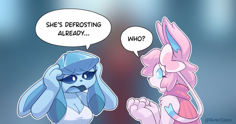 anthro arm_tuft blue_body blue_eyes breasts clothing dialogue duo female hair open_mouth pink_body pink_hair shoulder_tuft text tuft buttercolors nintendo pokemon eeveelution generation_4_pokemon generation_6_pokemon glaceon pokemon_(species) sylveon 2025 english_text hi_res