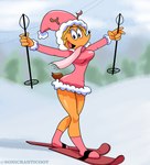 anthro antlers blonde_hair breasts clothed clothing coat female hair holding_object horn outside scarf ski ski_pole skiing snow solo topwear sonicranticoot periwinkle_around_the_world sunday_pants cervine deer mammal 2022 hi_res