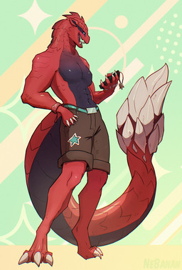 abs anthro big_tail black_underbelly blue_eyes bottomwear cellphone clothing electronics hand_in_pocket holding_object holding_phone keychain male muscular muscular_anthro muscular_male pecs phone pockets red_body sharp_tail sharp_teeth shorts smartphone solo spikes tail teeth wristband nebanan capcom monster_hunter fanged_wyvern odogaron hi_res