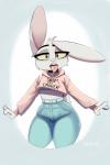 2019 absurd_res anthro belt bodily_fluids bottomwear buckteeth cheek_tuft choker clothed clothing crossdressing denim denim_bottomwear denim_clothing digital_media_(artwork) disney drooling english_text facial_tuft fan_character femboy fur grey_background head_tuft hi_res high_waisted_bottomwear hoodie jeans jewelry lagomorph leporid looking_at_viewer male mammal meme midriff necklace open_mouth oral_invitation pants rabbit saliva shirt signature simple_background solo teeth texi_(yitexity) text text_on_clothing text_on_hoodie text_on_topwear thick_thighs tight_bottomwear tight_clothing tight_pants tongue tongue_out topwear tuft until_it_snaps wide_hipped_female wide_hips yellow_sclera yitexity zootopia