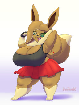4_toes 5_fingers anthro anthrofied big_breasts black_clothing black_eyewear black_glasses black_gloves black_handwear black_nose black_topwear bottomwear breasts brown_body brown_fur casual_clothing clothed clothed_anthro clothed_female clothing colored_sclera curvy_figure cute_fangs ears_up eyewear fangs feet female fingerless_gloves fingers flexing flexing_bicep fluffy fluffy_tail fur glasses gloves gradient_background green_eyes green_sclera hair hand_behind_head handwear huge_breasts long_ears long_hair looking_at_viewer multicolored_body multicolored_hair neck_tuft one_eye_closed open_mouth paws pink_tongue ponytail pose red_bottomwear red_clothing shirt shortstack shortstack_female simple_background skirt smile solo standing tail tan_body tank_top teeth thick_thighs toes tongue topwear tuft two_tone_hair voluptuous voluptuous_anthro voluptuous_female wearing_glasses wide_hips pawronik nintendo pokemon jessica_(pawronik) eevee generation_1_pokemon pokemon_(species) absurd_res hi_res