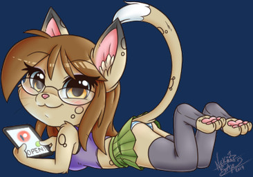 anthro blush bottomwear breasts brown_hair chibi clothed clothing eyewear female fur glasses hair legwear looking_at_viewer lying midriff miniskirt on_front panties panty_shot patreon_logo pink_nose skirt solo tablet tail tail_under_skirt tan_body tan_fur thigh_highs underwear whiskers nekostar patreon kazumi_(nekostar) domestic_cat felid feline felis mammal 2019 alpha_channel low_res