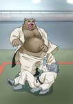 anthro balls belly blush duo flaccid genitals keikogi kemono male martial_arts_uniform moobs navel nipples open_mouth overweight overweight_male penis small_penis sportswear surprised o_hashi2020 bear canid canine canis domestic_dog mammal 2024 censored hi_res