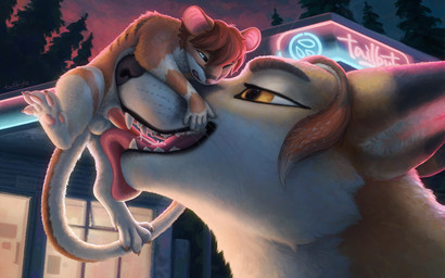 animal_genitalia animal_penis balls blue_eyes bodily_fluids brown_body brown_fur claws cum cum_in_mouth cum_inside cum_on_tongue detailed_background duo erection feet feral fur genital_fluids genitals hair licking long_tail looking_pleasured male male/male markings micro nude open_mouth oral oversized_fellatio oversized_oral pawpads penile penis penis_lick penis_on_tongue plant semi-anthro sex size_difference smile tail tail_tuft teeth tongue tree tuft whiskers yellow_eyes tailbyte binaryfox cellivar canid canine dipodomyine fox heteromyid kangaroo_rat mammal rodent swift_fox true_fox 16:10 absurd_res detailed digital_media_(artwork) digital_painting_(artwork) hi_res painting_(artwork) shaded signature widescreen