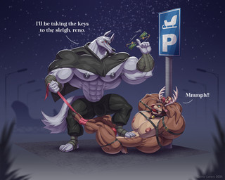 5_fingers abs anthro antlers arm_strap arm_wrapping arm_wraps armpit_hair arms_tied ball_gag barazoku bdsm bell bell_collar biceps big_bulge big_muscles big_pecs blue_eyes bodily_fluids body_hair bondage bottomwear bound bulge cape captured claws cloak clothing collar dialogue dominant dominant_anthro dominant_male drooling duo facial_markings feet fingers foot_on_belly foot_wrapping foot_wraps fur gag gagged garter_belt garter_straps grey_body grey_fur grin hands_above_head harness head_markings holding_object holidays hooves horn huge_muscles huge_pecs hyper hyper_muscles jockstrap key keyring leg_strap legs_tied looking_at_another looking_down looking_up lying male markings mask_(marking) motion_lines muffled muscular muscular_anthro muscular_arms muscular_male muscular_thighs nervous nervous_sweat night nipples nude on_back outside pants pecs plant poncho predator/prey questionable_consent red_eyes restrained restrained_arms restrained_legs restraints ribbon_bondage ribbons saliva scared signpost sky sleigh smile smug standing star starry_sky stepped_on stirrup_footwear stirrups street_lamp sweat tail teeth text underwear white_body white_fur wrapped_arms wrapped_feet wraps wolfiecanem christmas dreamworks puss_in_boots_(franchise) death_(puss_in_boots) canid canine canis deer mammal new_world_deer reindeer wolf 2024 5:4 dated english_text signature