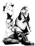 anthro boots bottomwear breasts bunny_costume clothed clothed_anthro clothed_female clothing collared_shirt costume dress_shirt fake_ears fake_tail female footwear foreshortening fur group gun hair holding_gun holding_object holding_ranged_weapon holding_weapon horn legwear leotard maid_uniform markings necktie pants ranged_weapon rear_view shirt shoes simple_background spots spotted_body spotted_fur standing tights topwear trio uniform weapon sgawd0g bovid bovine canid canine caprine cattle fox goat mammal absurd_res digital_drawing_(artwork) digital_media_(artwork) hi_res monochrome
