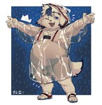 anthro balls belly blue_eyes clothing coat flaccid floppy_ears footwear foreskin fur genitals male moobs navel nipples nude one_eye_closed overweight overweight_male penis raincoat raining sandals shoes solo topwear translucent translucent_clothing white_body white_fur wink young young_anthro bluecard916 tamacolle tajima_(tamacolle) canid canine canis domestic_dog mammal absurd_res hi_res