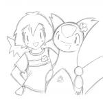 ambiguous_gender duo flower flower_in_ear implied_romance looking_at_viewer male plant simple_background smile white_background luminasumnor nintendo pokemon ash_ketchum pokemon_trainer generation_3_pokemon human latias legendary_pokemon mammal pokemon_(species) black_and_white monochrome sketch