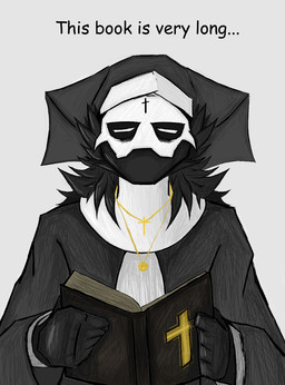 anthro black_hair book clothing cross cross_necklace front_view gold_(metal) gold_jewelry gold_necklace grey_background hair headgear headwear holding_book holding_object jewelry necklace nun_outfit simple_background solo text topwear kabo-darkfields changed_(video_game) puro_(changed) english_text half-length_portrait hi_res portrait