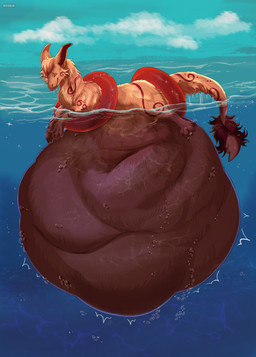 ambiguous_feral ambiguous_gender belly big_belly blue_sky brown_body brown_fur cheek_tuft cloud digitigrade eyes_closed facial_tuft feral fur huge_belly hyper hyper_belly mouth_closed neck_tuft orange_body orange_fur outside partially_submerged pool_toy quadruped side_view sky solo tail tail_tuft tuft vore wet wet_body wet_fur roobin mythology dragon furred_dragon furred_scalie mythological_creature mythological_scalie scalie hi_res