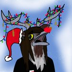 anthro antlers beak christmas_clothing christmas_headwear christmas_lights clothed clothing hair hat headgear headwear holidays horn jewelry long_hair male open_beak open_mouth pendant red_nose santa_hat simple_background solo yellow_sclera jurij_bajer christmas bajer_(jurij_bajer) artamid avian bird corvid cracticinae currawong deer holarctic_magpie hybrid magpie_(corvid) mammal oscine passerine 1:1