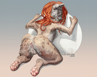 anthro anus arm_grab bent_over body_fur breasts bulge butt crouching detailed_bulge female from_behind_position fur genitals gradient_background hair hair_over_eyes light long_hair looking_back markings messy_hair nude orange_hair pawpads paws presenting rear_view semi-sitting sex shadow simple_background snout solo spots spotted_body spotted_fur tail text thick_thighs vulva alex-dep-998 third-party_edit felid feline mammal pantherine snow_leopard 2026 5:4 artist_name censor_removal_edit detailed digital_drawing_(artwork) digital_media_(artwork) english_text hi_res mixed_media painting_(artwork) shaded