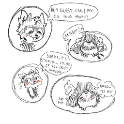ambiguous_gender anthro asking_for_consent blush bodily_fluids cartoon_nudity cunnilingus dialogue duo eyes_closed facesitting fluffy_ears genital_fluids head_between_thighs implied_watersports intersex intersex/male long_tail male neck_tuft oral sex sitting_on_another tail text tuft urine vaginal wahlgo guest_(wahlgo) pollonium_(wahlgo) domestic_ferret ictonychine mammal marbled_polecat mustelid musteline polecat_(mustelid) true_musteline weasel 1:1 english_text sketch