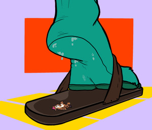 abstract_background anthro black_body black_ears black_fur black_tail_tip bodily_fluids claws clothing dipstick_tail duo feet foot_fetish foot_focus footwear fur green_body green_fur green_pawpads green_paws hair insole machine macro male male_anthro markings micro multicolored_body multicolored_fur orange_body orange_fur paw_imprint pawpads paws pink_hair sandals shoes stomped stripes sweat sweatdrop sweaty_paws tail tail_markings tawny_body tawny_fur toe_claws white_body white_fur muggo kai_the_protogen mini_(miniminmins) felid feline leopard_cat mammal prionailurus protogen hi_res male_(lore)